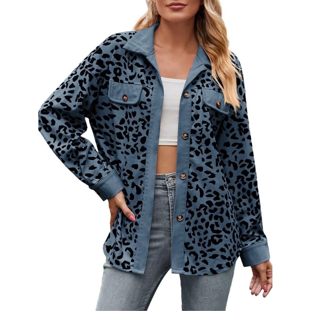 Corduroy Shacket Oversized Shirt Jacket, Blue W/ Black Animal Print, Small